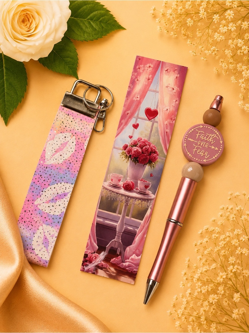 Pink Floral Window Bookmark and Keychain Set - Faith Over Fear Accent